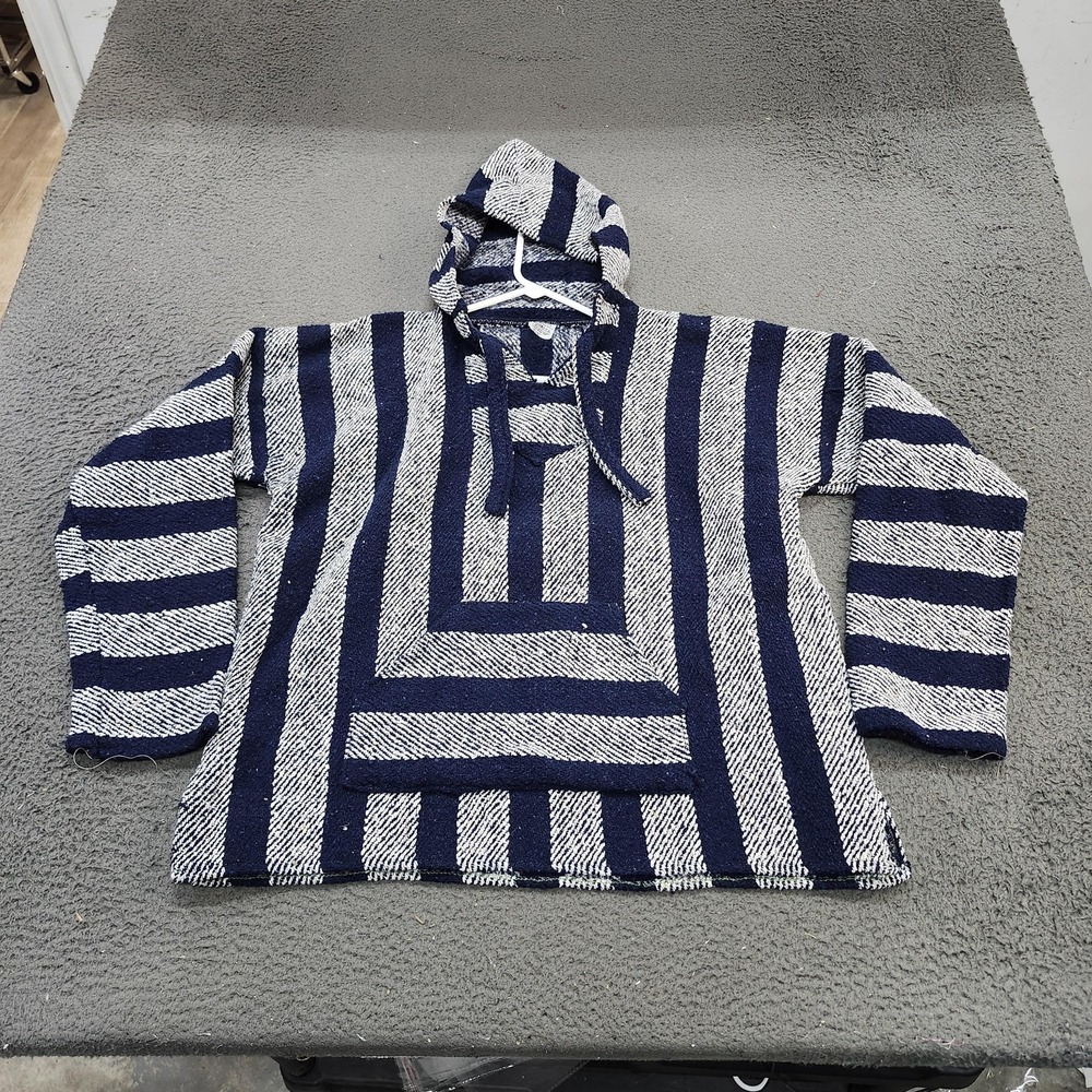 ART-MAZ Sweater Mens Large Blue Striped Hooded Baja Pullover Kangaroo Pocket